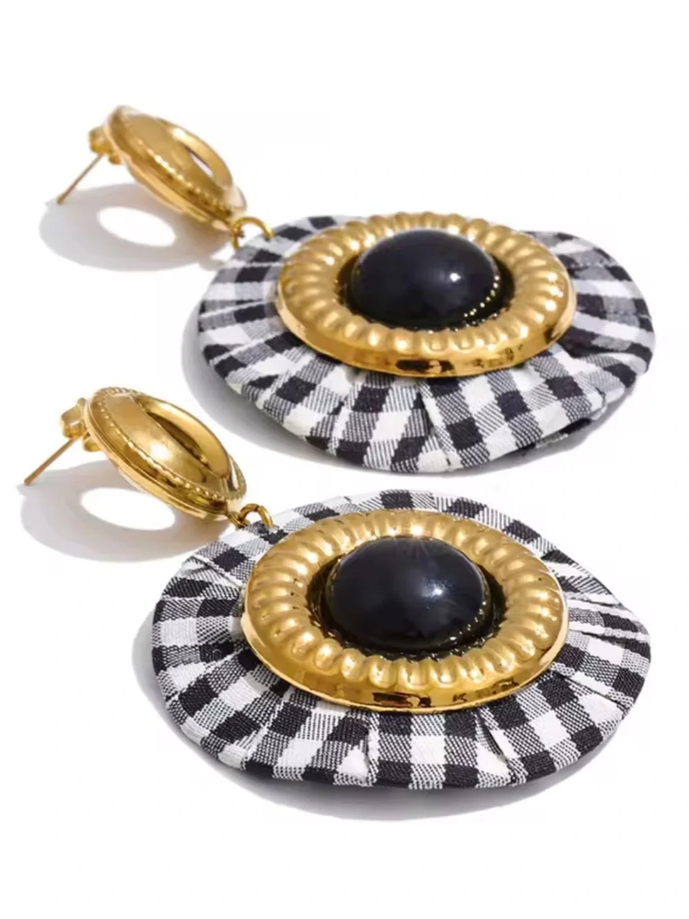 Parisian Chic Gingham Black Gold Earrings